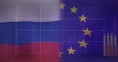 Bayrak tarzı bantlarla dikey bar grafiklerini ve düz tasarım çizgilerini gösteren veri görselleştirmesi. Bilgi grafikleri, analitik, finans, yenilik, kurumsal, dijital, modern