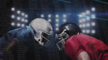 İki miğferli futbolcu sahaya dönük, spor teknolojisini kaydırma kodlarıyla gösteriyorlar. Atletizm, rekabet, dijital, fütüristik, yoğun, takım çalışması, spor