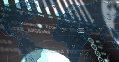Dijital dünya haritası neon hatları yansıtırken veri işaretçileri parlayan bağlantılarla yer değiştiriyor. Teknoloji, veri görselleştirme, ağ, dijital arayüz, analitik, gelecek, bağlantı