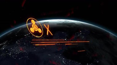 Geceleri Dünya 'nın üzerinde yüzen animasyon uyarısı tehlike simgesi, ilerleme çubuğu ve parçalar gösteriyor. Global, teknoloji, futuristik, dijital, arayüz, acil durum, veri