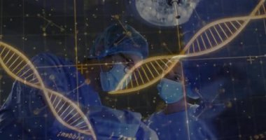 Ameliyat odasına DNA ipliği ve moleküler verileri yerleştiren tıbbi ekip. Cerrahi, takım çalışması, yenilik, tanı, biyoteknoloji, sağlık hizmetleri, kesinlik