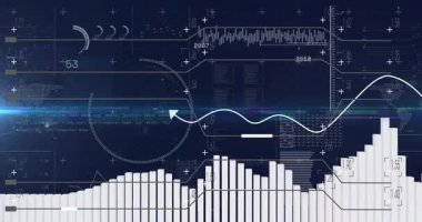 Düz dizayndaki noktalı haritanın yanında yükselen çubuk çizelgelerini gösteren gelecekçi gösterge paneli. Teknoloji, veri görselleştirme, dijital arayüz, analitik, yenilik, ticari, minimalist