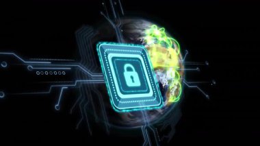 Parlayan turkuaz asma kilit çip içinde yüzüyor, neon yay ve mavi izlerle Dünya 'nın yörüngesinde dönüyor. Siber güvenlik, dijital, teknoloji, şifreleme, veri, yenilik, modern