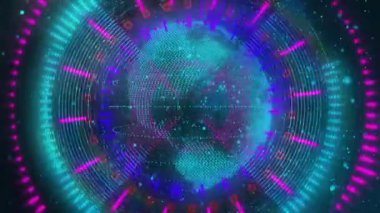 Dönen 3 boyutlu turkuaz küre macenta dalga formu halkası, veri noktalarını gösteren mor kareler. Teknoloji, yenilik, veri, görselleştirme, siber, dijital, ağ
