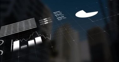 Fütürist holografik veri paneli beyaz pasta grafikleri ve bar grafiklerini koyu arkaplan üzerine yansıtıyor. Dijital, yenilik, analitik, teknoloji, görselleştirme, arayüz, soyut