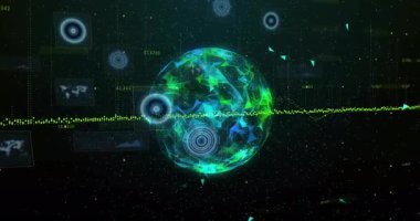 Sanal veri alanında dönen holografik küre yüzen HUD panelleri ve veri akışlarını gösteriyor. Fütüristik, veri görselleştirme, dijital arayüz, soyut, teknoloji, yenilik, sürükleyici