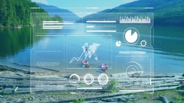 Göl kıyısında kürek çeken bir çift, animasyon grafikler ve teknik brifing için dünya haritaları sergiliyor. Macera, açık hava, teknoloji, veri, eğlence, doğa, etkinlik