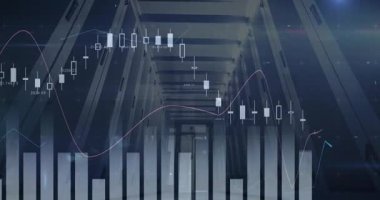 Finansal bar çizelgesi ve şamdan işaretleyicileri sunucu koridorunda trend çizgileri ile görselleştiriliyor. Gelecek, veri, analitik, dijital, teknoloji, endüstri, kesinlik