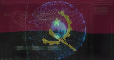 Angolan bayrağı amblemi üzerinde dönen 3 boyutlu holografik küre veri çubukları ve kılavuz çizgileri gösteriyor. Fütüristik, teknoloji, arayüz, gösterge paneli, veri görselleştirme, dijital, sanal