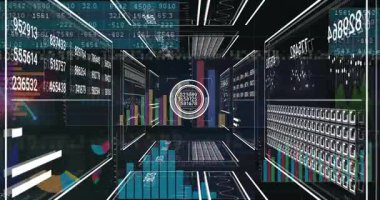 Karanlık holografik paneller yüzerken üç sayısal değeri gösteren merkezi dairesel gösterge. Fütüristik, teknoloji, yenilik, veri görselleştirme, dijital arayüz, girdap, siber