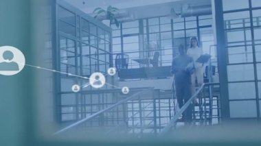 Lobide canlı ikonlar ve parıldayan çizgilerle iş dünyasının profesyonel ağ keşfi grafiği. Dijital, bağlantı, modern, kurumsal, teknoloji, iletişim, fütürist