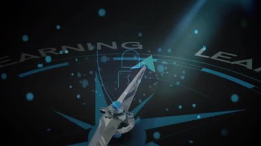 Merkezi pusula iğnesi, düz dizaynlı parlayan düğümleri tutan asma kilidi gösteriyor. Teknoloji, siber güvenlik, yenilik, dijital, fütüristik, veri, güvenlik