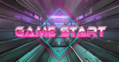 Neon metin 3D aydınlatma fütüristik koridor, yüzen elmas çerçeveler ve LED şeritler ile. Fütürist, siber punk, bilim kurgu, teknoloji, aydınlatma, neon, sanal