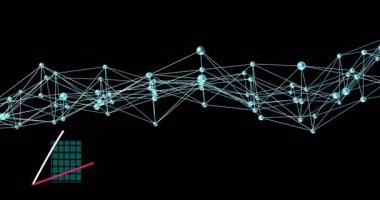 Dördüncü turuncu çubuklu altı çubuğu gösteren veri görselleştirmesi, düğüm üzerinde çizgi grafiklerini birleştiriyor. Infographic, analytics, futuristic, technology, network, digital, innovation