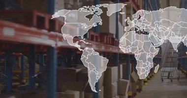 Küresel lojistik ağı, kutular, merdiven ve düz tasarım ile ambar rafları üzerinde görüntüleniyor. Tedarik zinciri, depolama, altyapı, envanter, endüstriyel, operasyonel, ulaşım