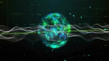 Veri alanı içinde dönen 3D küresel ağ küresi, parçacık dalgalanması ve sayısal değerler. Dijital, teknoloji, fütüristik, yenilik, soyut, ağ, sanal