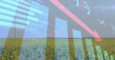 Şeffaf bar tablosu, sarı alan üzerinde inen pembe oku gösteriyor. Rüzgar türbinleriyle birlikte, 3 boyutlu. Sürdürülebilirlik, yenilenebilirlik, tarım, bilgi, dijital, çevre dostu, çevre