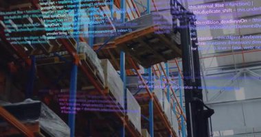 Depoda ahşap paleti kaldırma, dijital kod kaplamalı rafları renklendirme. Sanayi, lojistik, otomasyon, depolama, teknoloji, depo, dağıtım