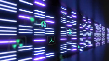Eko simgelerini gösteren yüzen panellerle parlayan mavi ve mor veri çubuklarını gösteren 3D gösterge paneli. Futuristik, teknoloji, yenilik, veri görselleştirme, neon, dijital, analitik
