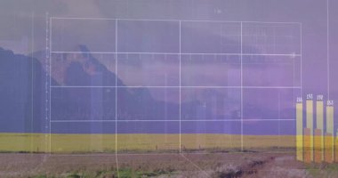 Kırsal alanda renkli çubuklar, etiketler, grafik kaplamaları ile gösterilen 3D görüntüleme verisi. Soyut, fütüristik, profesyonel, bilgi, minimalist, analitik, teknoloji