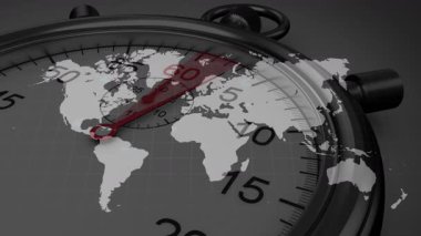 Kronometre kadranı mavi küresel haritayla örtülmüş durumda. Bu rakamsal mezuniyetleri ve kırmızı ikinci eli gösteriyor. Zaman, kesinlik, teknoloji, yenilik, dijital, gelecekçi, kurumsal
