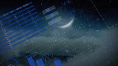 Mavi dikdörtgen, turta ve bar grafikleri ve yanıp sönen yıldırımlarla geleceksel arayüz oluşturuluyor. Teknoloji, veri görselleştirme, sibernetik, dijital, yenilik, arayüz, analitik