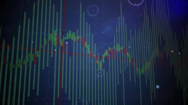 Torpido gözünde dalgalanan verileri gösteren dijital finans tablosu, çubukları, şamdanları, kirişleri gösteriyor. Finansal, analitik, veri görselleştirme, gösterge, izleme, teknoloji, arayüz
