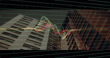 Düz tasarım, mavi ve kırmızı çizgili yüksek binaları kaplayan renkli çizgi grafiğini gösteriyor. Veri görselleştirme, kentsel mimari, modern tasarım, finansal analitik, teknolojik yenilik, iş zekası, soyut grafikler