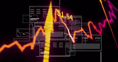 Neon turuncu dalga boyu zigzag çizerek beyaz veri panellerini ve sayısal grafikleri kaplıyor. Futuristik, teknoloji, dijital, veri, analitik, arayüz, görselleştirme