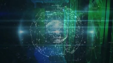 3D işlemeli dijital ağ küresi yüzüyor, veri noktaları yayınlanıyor, sunucu rafları sergileniyor. Fütüristik, teknoloji, dijital, soyutlama, siber, bağlantı, yenilik