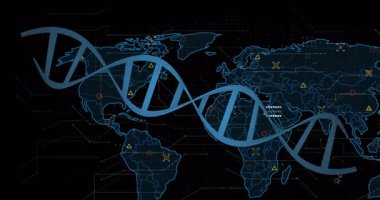 Karanlık ızgarada neon haritada dönen DNA sarmalı küresel kümeleri birbirine bağlayan verileri gösteriyor. Teknoloji, yenilik, fütürizm, veri görselleştirme, dijital arayüz, bilimsel, ağ