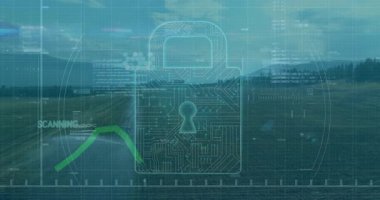 Arazinin üzerinde yüzen asma kilit ızgara ve veri çubukları yukarı doğru giden yeşil ok gösteriyor. Tarım, teknoloji, dijital, yenilik, tarım, veri görselleştirme, güvenlik