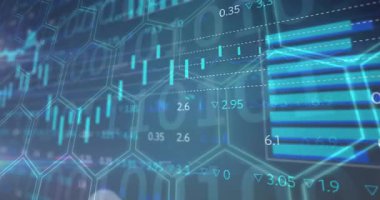 Finansal analizleri görselleştiren düz büyü şebekesi, cyan çubuklarını gösteren, eğilim okları olan çizgi çizelgesi. Geometrik, dijital, geleceksel, veri, teknoloji, yenilik, analitik