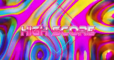 Stilize edilmiş yüksek skor metni neon gradyan dalgaların üzerinde dönerek 3 boyutlu eflatun elmaslar çiziyor. Soyut, dijital sanat, enerjik, fütürist, retro, neon, enerjik