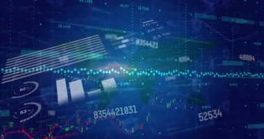 Veri paneli, pasta dilimleri ve çubuk grafiklerini gösteren animasyonlu resimde görselleştiriliyor. Teknoloji, analitik, görselleştirme, fütüristik, gösterge paneli, finans, büyük veri