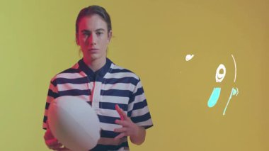 Sarı zemine karşı ragbi topu tutan kadın, sağlık pazarlama için animasyon WOW metni sunuyor. Atletik, fitness, enerjik, dinamik, canlı, motivasyon, macera