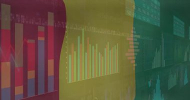 Satır grafikleri, pasta grafikleri ve sayısal tabloların yanında çok renkli çubuk grafikler gösteren finans paneli. Analizler, veri görselleştirme, gösterge paneli, iş zekası, finans endüstrisi, dijital arayüz, renkli