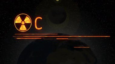 Gezegende radyasyon tehlikesi sembolü parlarken yıldızlı uzayda yatay veri çizgileri yanıp sönüyor. Uyarı, uyarı, tehlike, bilim, teknoloji, astronomi, güvenlik