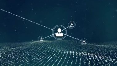 Ağ görselleştirmesi, parlayan düğümlerle veri ızgarası üzerinde yüzen merkezi kullanıcı simgesini gösteriyor. Gelecek, teknoloji, bağlantı, dijital, soyut, siber, yenilik