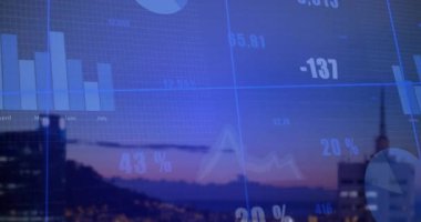 Düz tasarım veri görselleştirmesi, alacakaranlık ufuk çizgisinde çizgi çizgileri pasta segment etiketlerini gösteriyor. Teknoloji, analitik, finans, dijital, gösterge paneli, görselleştirme, yenilik