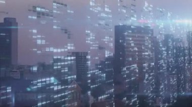 3D görüntüleme merkezi cam kule parlayan hologram veri örtüsü, puslu ufuk çizgisinde sürüklenen paneller. Fütürist, silüet, kentsel, siber punk, holografik, dijital, modern