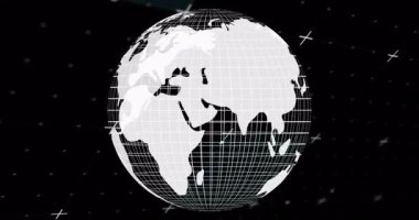 Sanal siyah uzayda dönen tel çerçeveli küre beyaz ızgara çizgileri ve veri işaretlerini gösteriyor. Jeosfer, dijital, fütüristik, teknoloji, veri görselleştirme, ağ, siber uzay