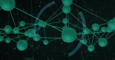 Karanlık ikili şebekeler üzerinde dijital ağ animasyonu yapılıyor, dönen HUD yakınlarındaki deniz mavisi küreleri bağlanıyor. Fütürist, teknoloji, soyut, bilim kurgu, dijital, siber, yenilik