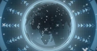 Merkezi noktalı küre koyu mavi ızgarada dönüyor, eş merkezli halkalar ve ok simgelerini gösteriyor. Teknoloji, veri görselleştirme, gelecek, yenilik, dijital arayüz, siber, bağlantı