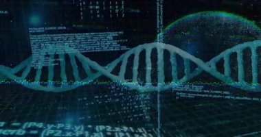Karanlık şebeke düzleminde yatay olarak yüzen yarı saydam DNA sarmalı parlayan kod akımları içeriyor. Fütürist, teknolojik, dijital, soyut, biyoteknoloji, bilim, yenilik