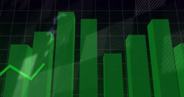Yeşil 3D çubuk grafiği, beyaz ızgara çizgileri ve dünya silueti üzerinde parlak yeşil çizgi grafiğini gösteriyor. İş analizleri, veri görselleştirmesi, finansal büyüme, teknoloji, şirket, minimalizm, yenilik