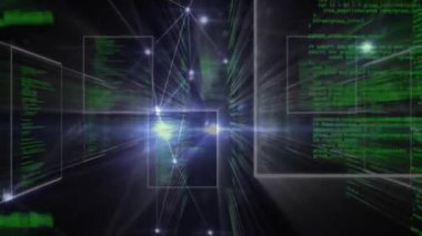 Merkezi kod panelleri parlayan düğümler ve birbirine bağlı çizgiler ile üç boyutlu siber uzay ızgarası boyunca hareket ediyor. Teknoloji, yenilik, veri, dijital, geleceksel, ağ, siber uzay