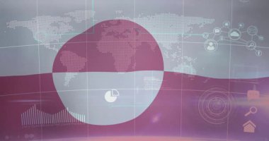 Düz dizayn UI 'da büyük pembe damlacıklar canlandırılıyor, pasta grafiği, çubuklar, ağ simgeleri gösteriliyor. Futuristik, dijital, teknoloji, veri, analitik, arayüz, ağ