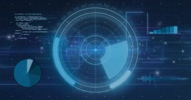 Karanlık şebekeyi örten dönen radar, pasta grafiği ve çubuk grafiğinin yanında parlayan veri noktaları gösteriyor. Gelecek, teknoloji, veri, görselleştirme, arayüz, dijital, analitik