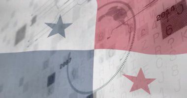 Düz dizayn Panama bayrağı, dünya üzerinde yıldız simgeleri ve veri örtüsüyle sahnede canlandırılıyor. Vatanseverlik, dijital, küresel, yenilik, teknoloji, bağlantı, bilgi